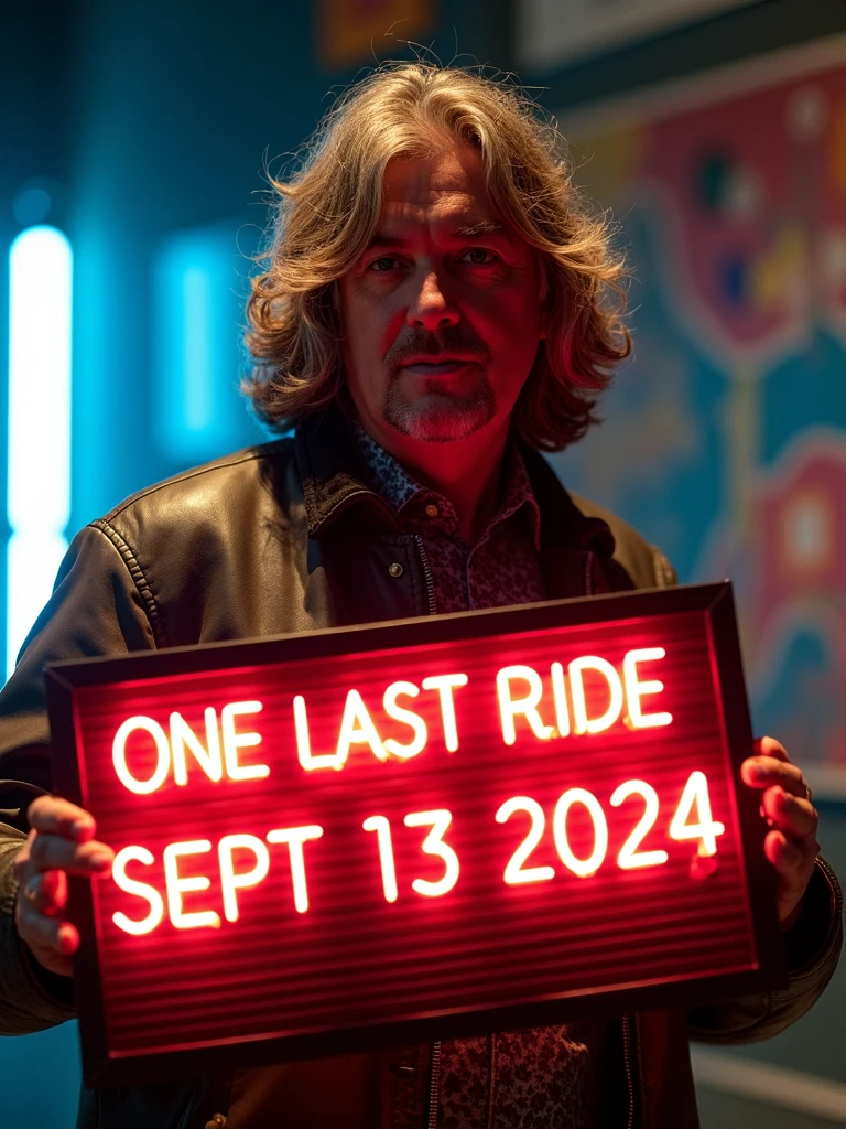 jamesmay, holding a neon signboard written "ONE LAST RIDE. SEPT 13 2024",