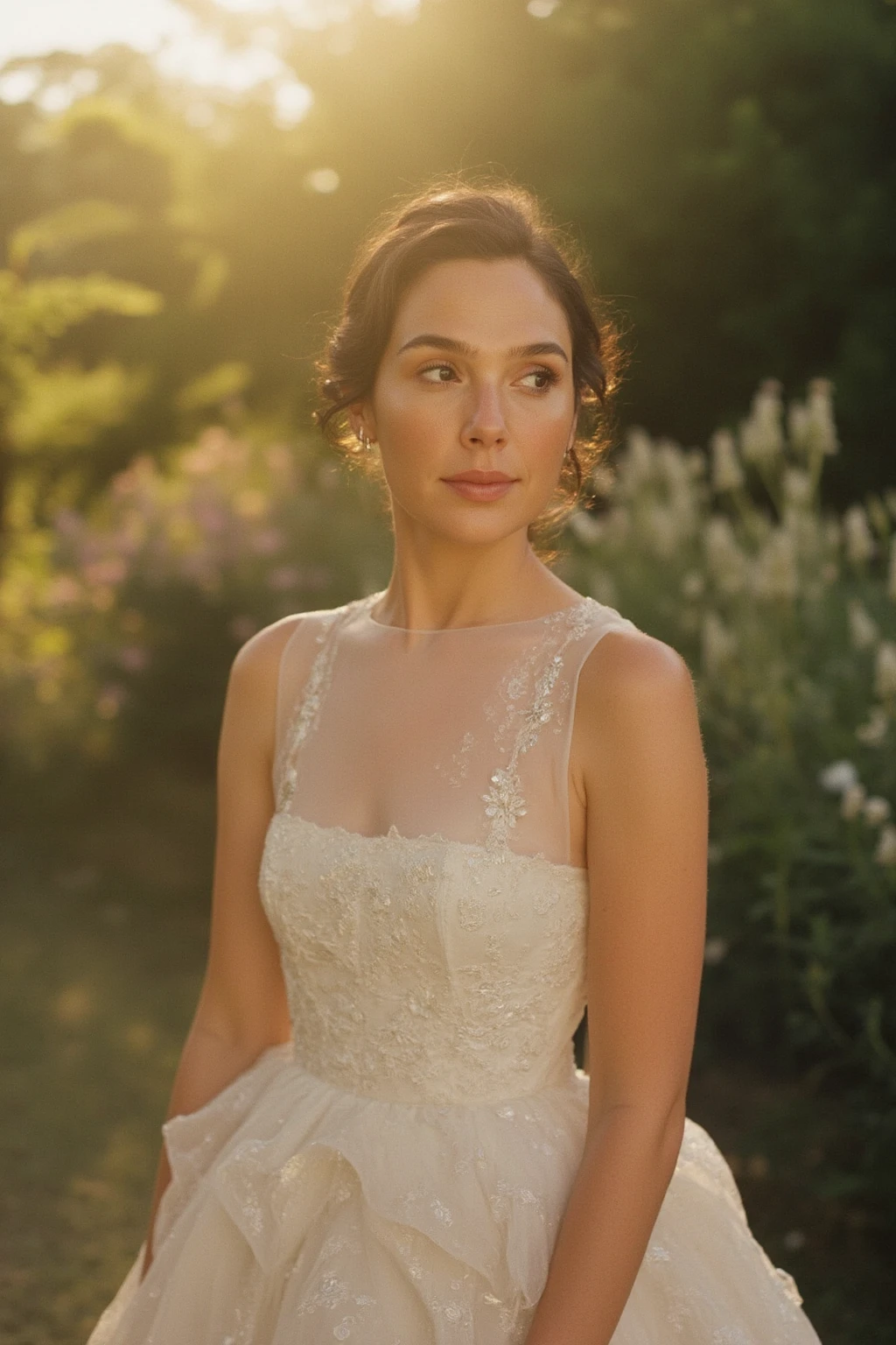 Instagram photo of a young woman G41G4d0t wearing a wedding dress, captured in a serene garden setting during golden hour. The environment is filled with blooming flowers and soft, diffused light filtering through the trees. The mood is romantic and dreamy, evoking a sense of love and anticipation. The camera settings are set on a Canon EOS R5 with a 50mm f/1.2 lens, using Fujifilm Pro 400H film for its soft pastel tones and fine detail. The composition focuses on the intricate lace details of the dress against the natural backdrop, creating a timeless and ethereal aesthetic. The photo embodies a collaboration between directors Sofia Coppola and Guillermo del Toro, cinematographer Emmanuel Lubezki, photographer Tim Walker, and fashion designer Vera Wang