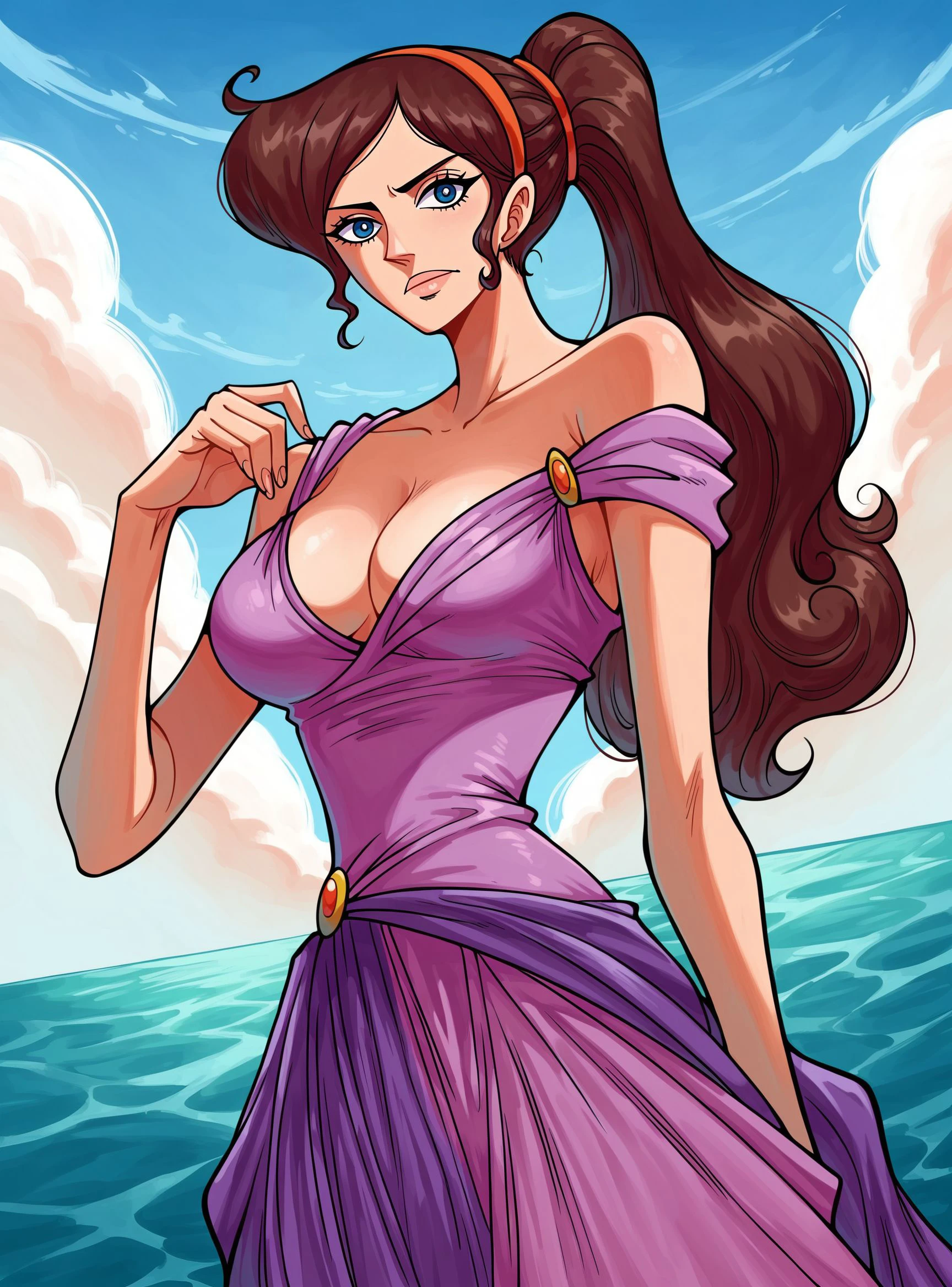 zPDXL2, source_anime, ocean,
artstyle_onepiece_mangacolored_ownwaifu,
magxl, 1girl, solo, looking at viewer,  large breasts,  cleavage, ponytail, hairband, lunging, from below, purple dress, brown hair, off shoulder, blue eyes, 
<lora:megaraxl:0.8> <lora:PONYXL_OnePiece_MangaColored_ownwaifu:0.6>