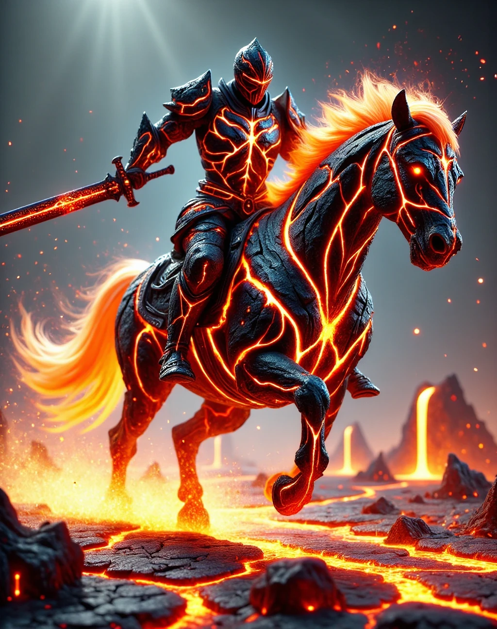 llava_style, 
molten lava knight, volcanic rock armor, glowing molten cracks, massive molten sword, molten lava horse, glowing veins of lava, cracked volcanic battlefield, rivers of molten lava, dark sky with volcanic ash, floating embers, fiery glow, intense heat, molten energy, powerful and fierce