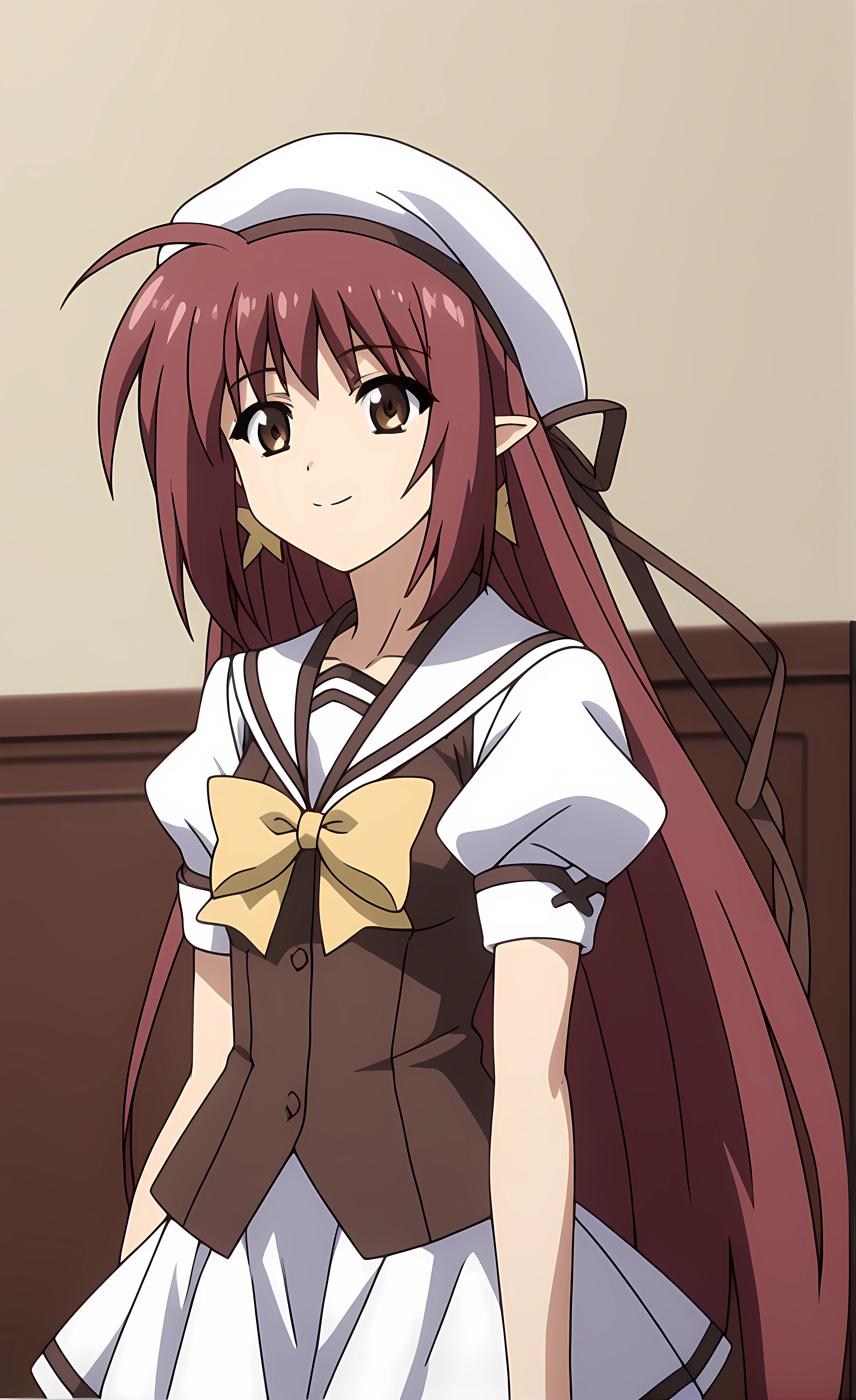 score_9, score_8_up, score_7_up source_anime,closed mouth, shiny skin, light smile,ohwx, 1girl, red_hair, long_hair, brown_eyes, solo, pointy_ears, school_uniform, ahoge, ribbon, bow, hat, very_long_hair, jewelry, solo_focus, puffy_sleeves, short_sleeves, serafuku, brown_hair, puffy_short_sleeves, yellow_bow, shirt, hair_ribbon, beret, sailor_collar, earrings, skirt, vest, dress, Leaning against an invisible car, gradient,<lora:lisianthus_pony_sobsynapse-000009:0.8>