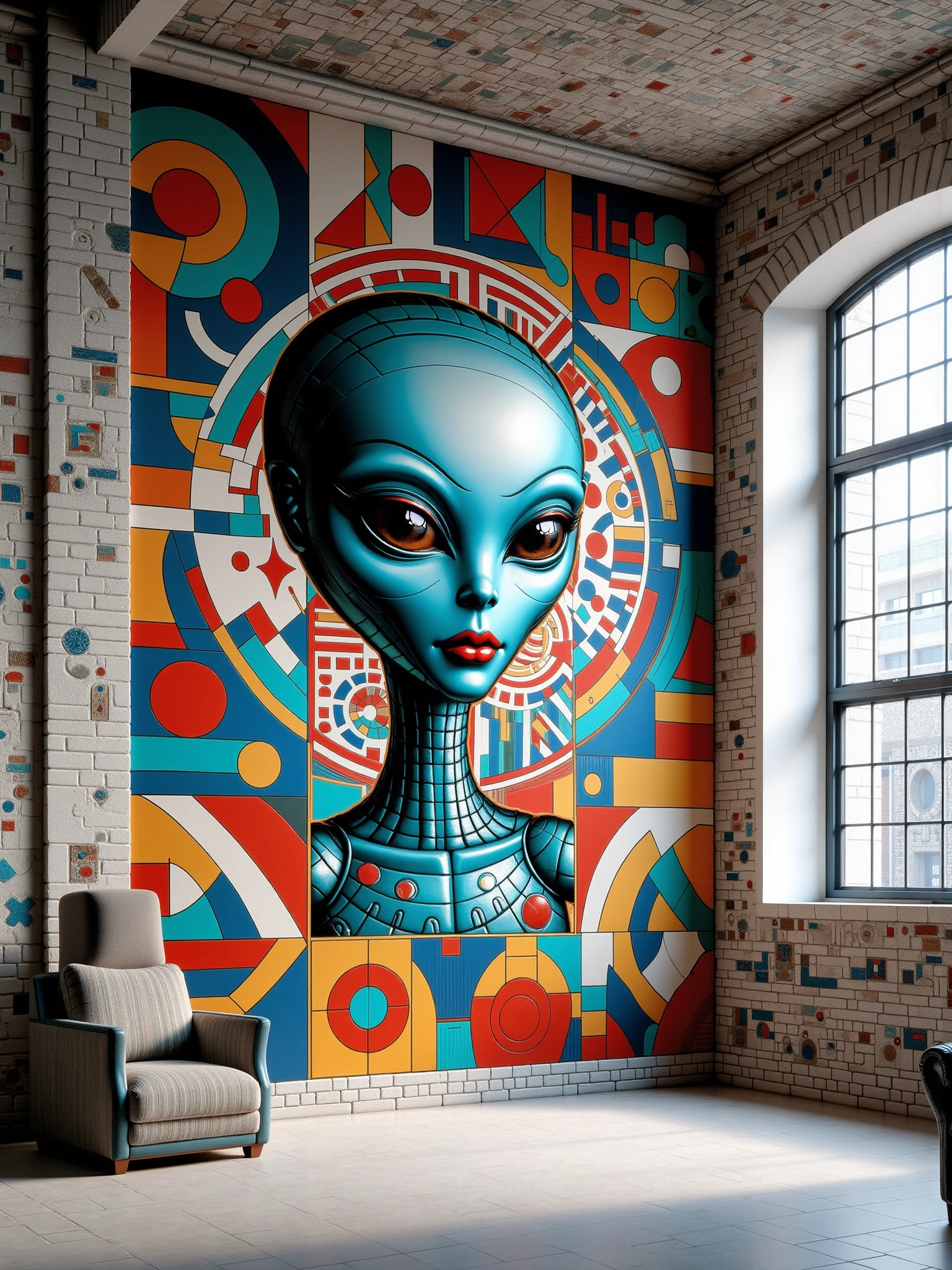 old warehouse with a mad-clrflmsc_flux mural of an alien, brick walls, city  <lora:colorful-mosaic-flux:1>