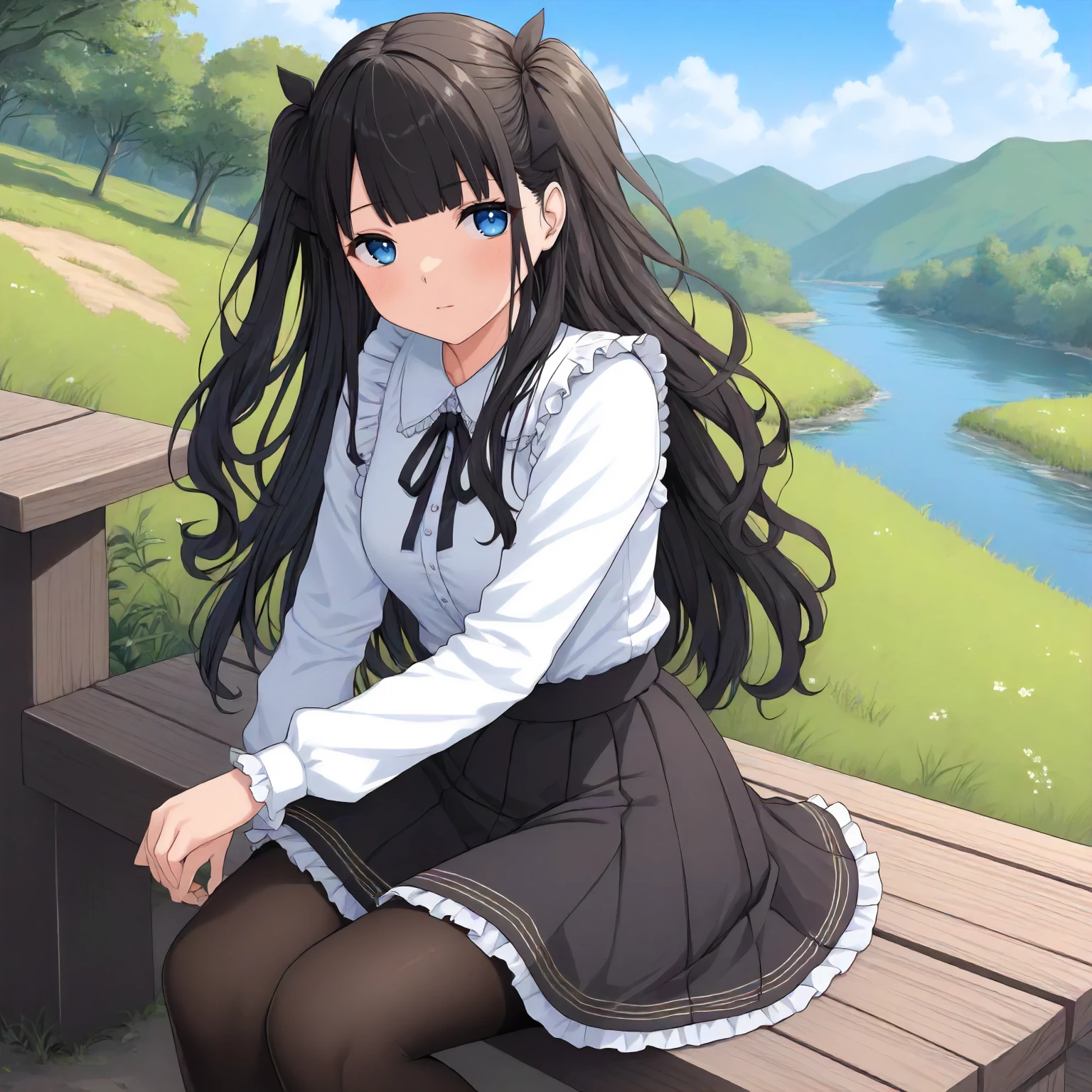 <lora:JJtYM_YusaXL001>,
outdoors,
solo,
Yusa,1girl,black hair,long hair,two -side up,blue eyes,
white shirt,frilled_shirt,
high west skirt,black skirt,
pantyhose,
sitting,