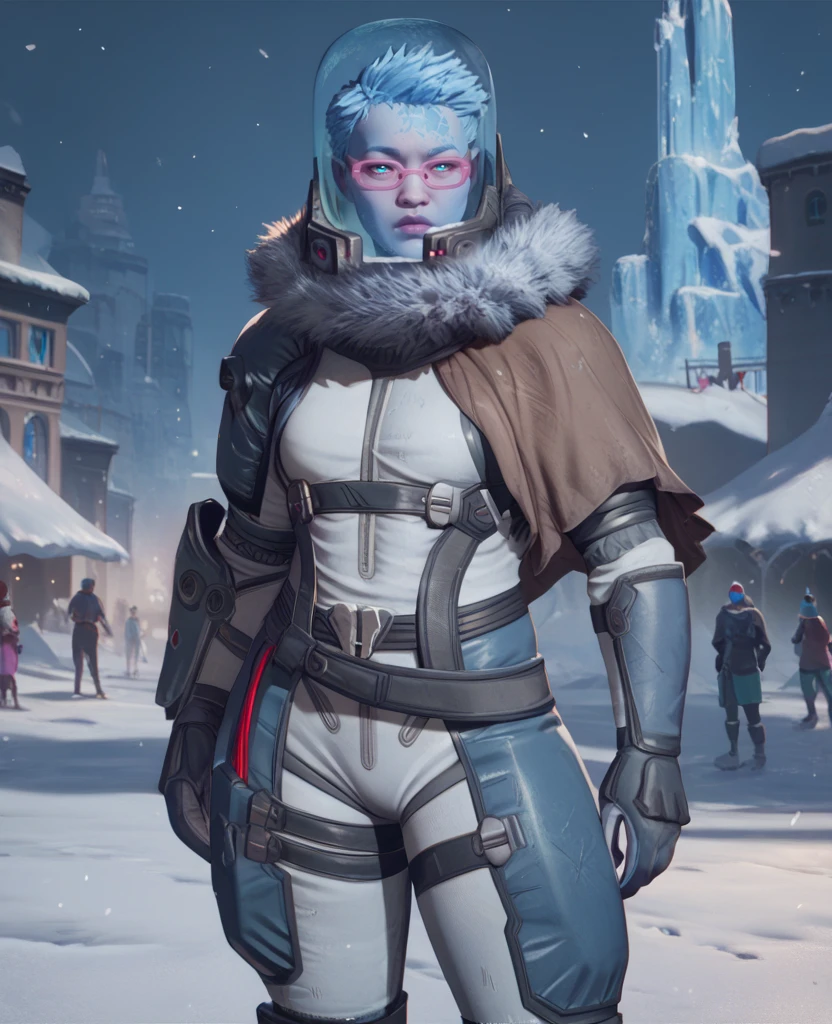 score_9,score_8_up,score_7_up,score_6_up,mrsfrzessq,blue eyes,blue ice hair,short hair,facial mark,pink glasses,
helmet,bodysuit,fur trim, 
standing,
snow,city,night,
<lora:msfreezeSSQXK-12:0.8>,