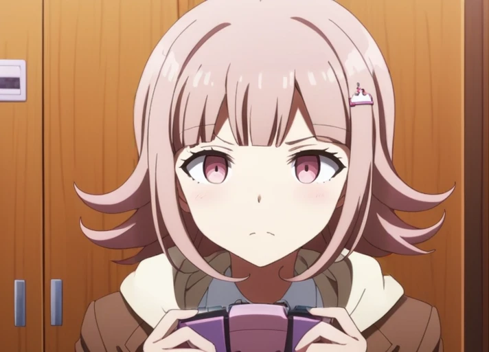 <lora:Chiaki_Nanami_SDXL:1>, solo, This is an anime screencap from Danganronpa 3. Chiaki Nanami's wearing her uniform from Danganronpa 3. Chiaki Nanami has short hair that slightly curls outwards, though the locks on either side of her face curl inwards. Chiaki Nanami's hair is a dusty light pink that is almost light brown. Chiaki has short straight bangs split towards the right, a white Galaga hairclip pinned to a lock of her hair. Chiaki Nanami has blossom pink eyes. Chiaki's uniform consists of a white button-up dress shirt with a red ribbon tied in a bow at the collar, with a warm brown blazer with a cream-colored hooded cardigan underneath her blazer. She also sports black thigh-high socks and light pink Mary-Jane style shoes with white soles. Chiaki Nanami has a annoyed expression . Chiaki Nanami sits at a wooden school desk with a light wood grain. She stares intently at a purple handheld gaming console she is holding, her pink eyes focused on the screen. Her medium-length, dusty pink hair frames her face. She has a small Galaga hairpin in her hair. Behind her are large wooden cabinets with a small nameplate in each. The floors are tiled with a checkered pattern, with each tile featuring a green design.