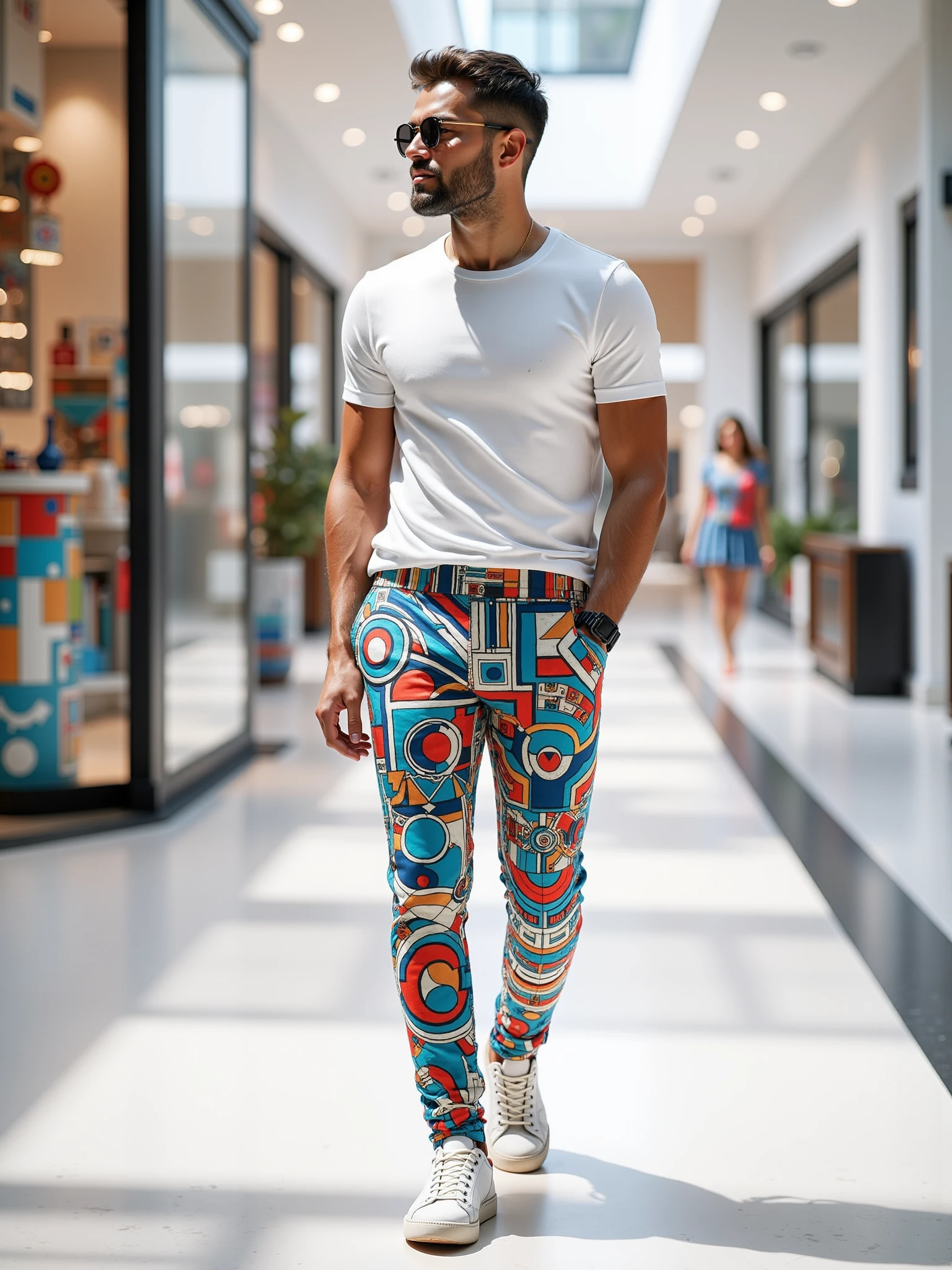 man wearing a mad-clrflmsc_flux pants and white tshirt walking through mall <lora:colorful-mosaic-flux:1>