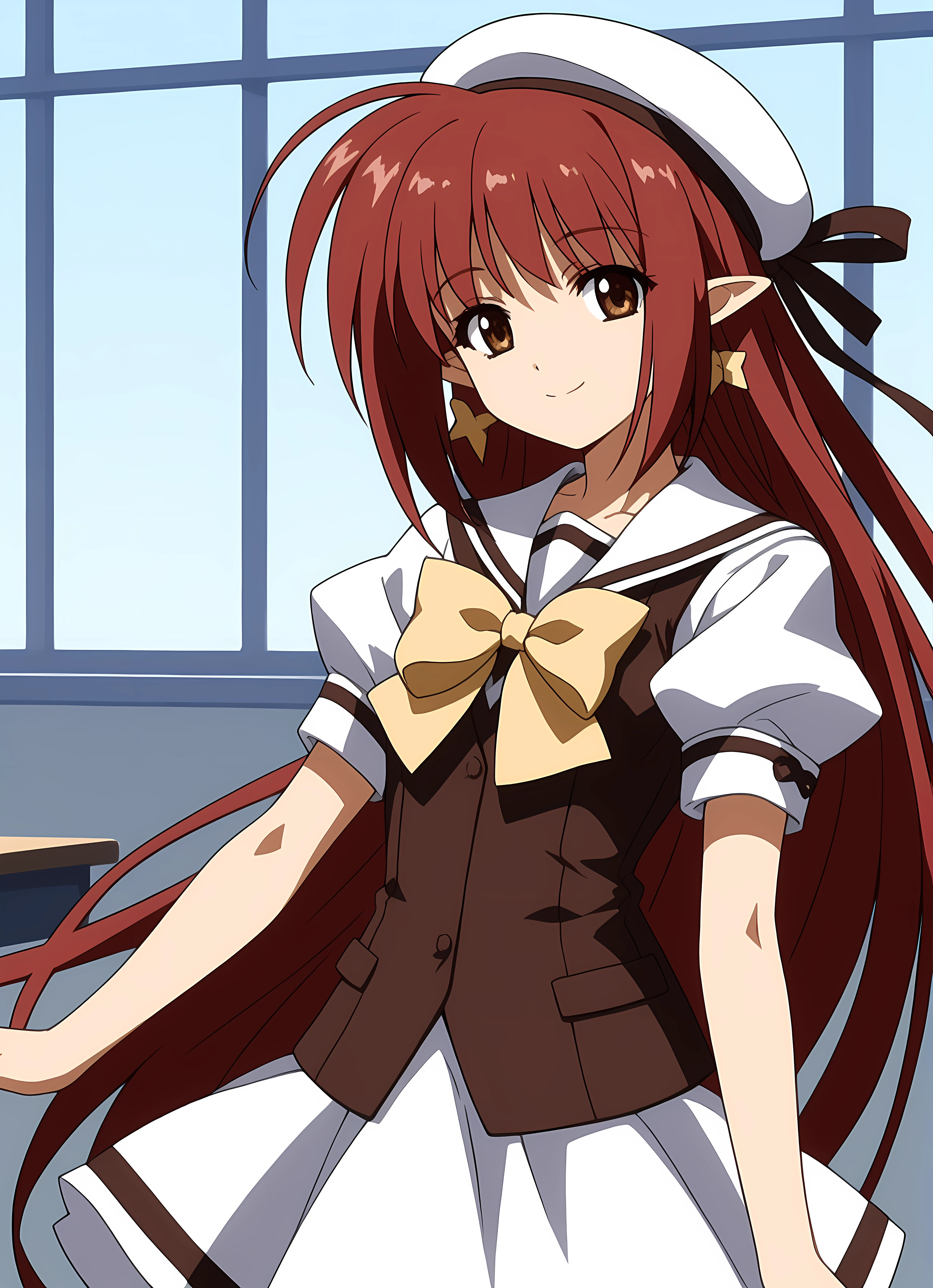 score_9,score_8_up,score_7_up,closed mouth, shiny skin, light smile,ohwx, 1girl, red_hair, long_hair, brown_eyes, solo, pointy_ears, school_uniform, ahoge, ribbon, bow, hat, very_long_hair, jewelry, solo_focus, puffy_sleeves, short_sleeves, serafuku, brown_hair, puffy_short_sleeves, yellow_bow, shirt, hair_ribbon, beret, sailor_collar, earrings, skirt, vest, dress, Dancing with both arms extended, factory,<lora:lisianthus_pony_sobsynapse-000009:0.8>