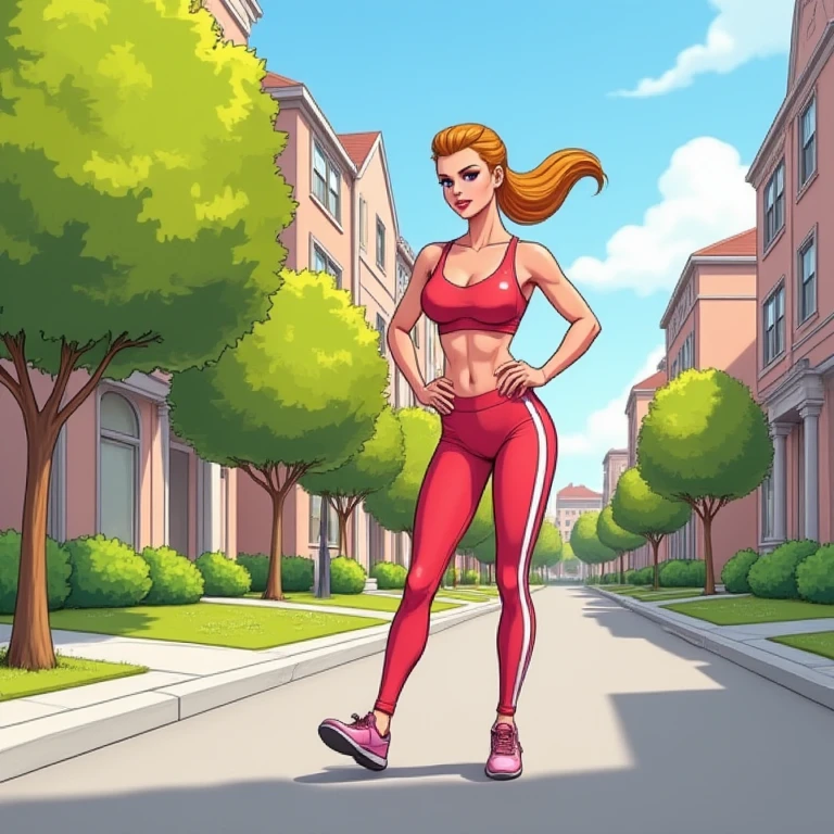 cartoon of  Blossom in a jogging suit in the suburb,  <lora:PPGBlossom:1>