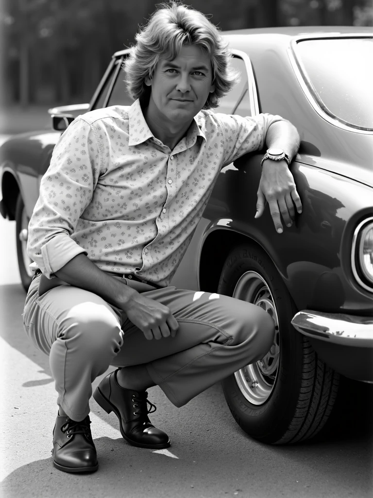 jamesmay, posing next to a car,