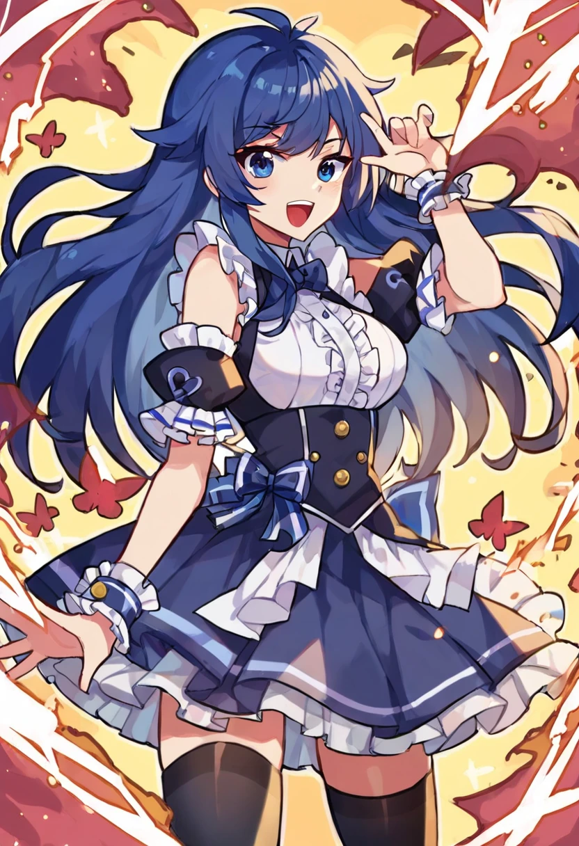 score_7, [larry bear], looking at the viewer, blue eyes, blue hair, long hair, cowboy shot, frills, frilled dress, wrist cuffs, thighhighs, dynamic pose, dynamic expression, <lora:Character_Larry Bear:0.7>