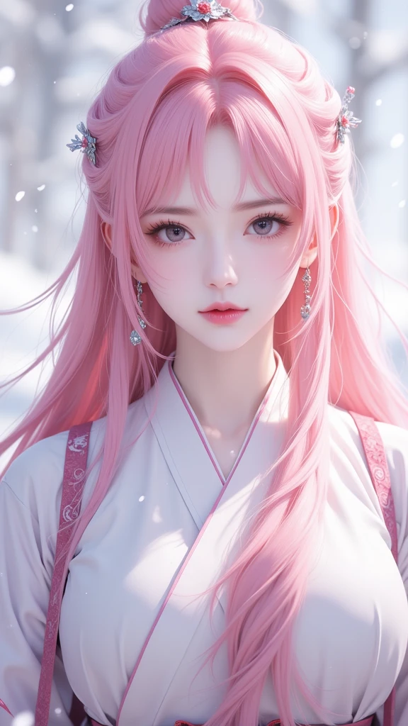 gufeng,1girl,long hair,solo,jewelry,earrings,blurry background,upper body,pink hair,blurry,snowing,closed mouth,lips,snow,facing viewer,ribbon,hanfu,flower,