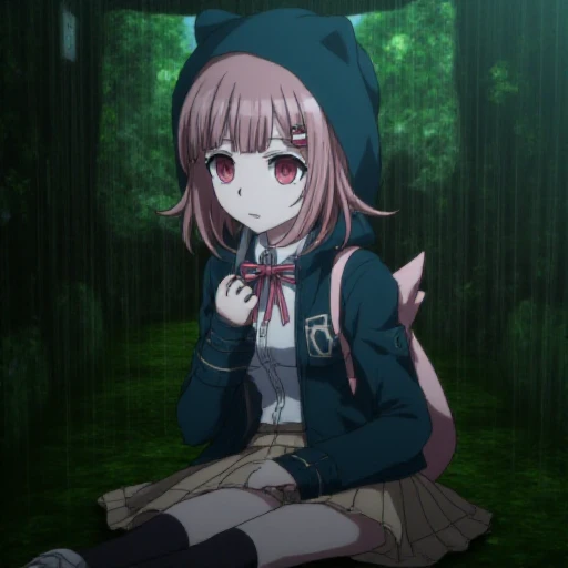 <lora:Chiaki_Nanami:1.3>    This is an anime screencap from Danganronpa 3.  Chiaki Nanami is wearing her uniform from Danganronpa 2. Chiaki's hair slightly curls outwards, though the locks on either side of her face curl inwards. Chiaki Nanami's hair is a dusty light pink that is almost light brown. She has short straight bangs split towards the right, a white Galaga hairclip pinned to a lock of her hair. She has blossom pink eyes. She wears a white button-up shirt with a dark teal-gray front placket. She wears a light pink ribbon tied around her neck in a bow, with a pale beige pleated skirt. This also includes a one-button dark teal-gray hooded cardigan with gray horizontal lines running across the hem and sleeves, the Hope's Peak crest on the chest pocket. Chiaki Nanami's hood has pointed ears on the top and two pink eye-like markings on the front, resembling a cat. She also sports black thigh-high socks and light pink Mary-Jane style shoes with white soles. Chiaki has a pale pink backpack with a white pocket, a plush cat head sewn at the top with a white ribbon tied in a bow at it's base. Chiaki Nanami has a nervous expression.  Chiaki Nanami is enacting a sitting on floor . This takes place within wandering alone, (Ultra Realistic:1.0),32k,(Masterpiece:1.0),( High Quality:1.0), (Detailed Realistic Background:1.3), (Official Art, Beautiful and Aesthetic:1.2), (Realistic Lighting:1.0), by Elliott Erwitt, Desolated City , destroyed buildings, Heavy rainfall, vines, nature, overgrowth,  lifeless, somber,