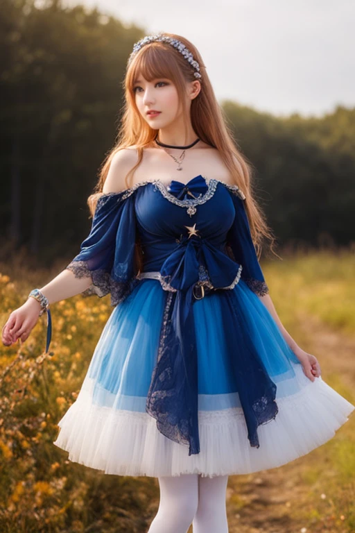 (masterpiece, best quality:1.2),illustration,8k,hd,1 girl,very long hair,standing,solo,cldqz,dress,blue dress,hair ornament,bracelet,jewelry,choker,bracelet,bow,necklace,(white pantyhose:1.2),(cleavage:1.5),(bouncing breasts:1.5),(NSFW:1.4),(outdoors:1.4),(European princess:1.3),off shoulder,<lora:ç¿ççé¦èµ :0.6>,huge breasts,