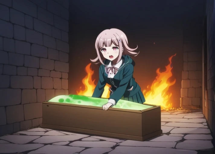 <lora:Chiaki_Nanami_SDXL:1>, This anime screencap is from Danganronpa the Animation. Chiaki Nanami is wearing her uniform from Danganronpa 2. Chiaki's hair slightly curls outwards, though the locks on either side of her face curl inwards. Chiaki Nanami's hair is a dusty light pink that is almost light brown. She has short straight bangs split towards the right, a white Galaga hairclip pinned to a lock of her hair. She has blossom pink eyes. She wears a white button-up shirt with a dark teal-gray front placket. She wears a light pink ribbon tied around her neck in a bow, with a pale beige pleated skirt. This also includes a one-button dark teal-gray hooded cardigan with gray horizontal lines running across the hem and sleeves, the Hope's Peak crest on the chest pocket. She also sports black thigh-high socks and light pink Mary-Jane style shoes with white soles. Chiaki Nanami is holding a burning torch in one ofher hands to light her way. Chiaki Nanami stands in a strange room within a haunted castle. Upright coffins line both the left and right sides of this small room. All but one of the coffins are open. The coffin on the far right and furthest back is closed. A menacing pink demon is on the left side of the image, emerging from an upright coffin. The demon has horns, a muscular body, and appears to be reaching out towards the right. On the right side of the image is Chiaki Nanami. Chiaki Nanami is reacting to the demon's presence. The background shows stone walls. A strange green ooze emerges from one of the open coffins and pours onto the ground between Chiaki Nanami and the demon. There is a mummy in one of the upright coffins on the right of the image, closest to Chiaki Nanami.