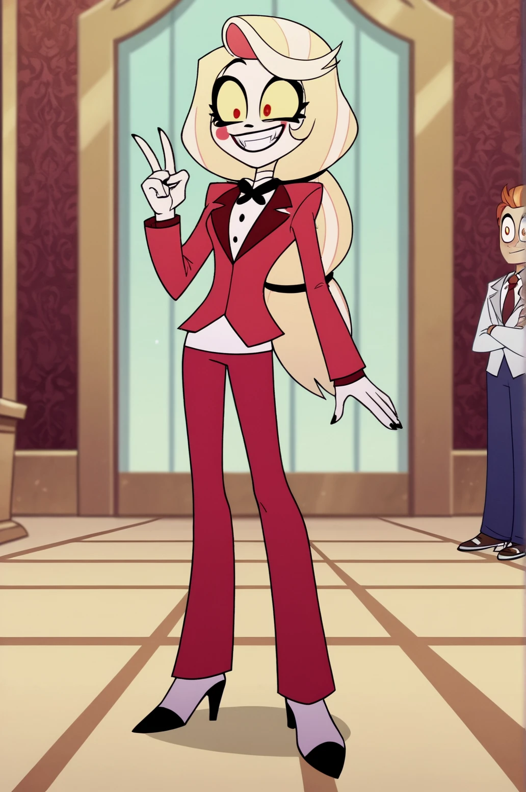 score_9, score_8_up, score_7_up,anime_source, source_anime, best background, detailed background, anime screencap, Charlie Morningstar, Main Outfit, indoors, v fingers, grin, victory fingers, full body, horny, naughty face, luxury corridor, <lora:JN_Charlie_Morningstar:0.8>