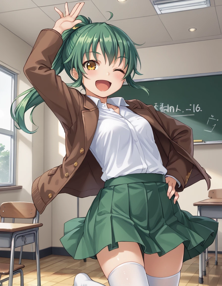 bosshi,
1girl, solo,
white shirt, brown jacket, green skirt, jumping, one arm up, tehepero, 
green hair, ponytail, hand on hip, happy, wink, white thighhighs, yellow eyes, 
classroom, 
<lora:Futabu_bosshi_illustration_style:1>