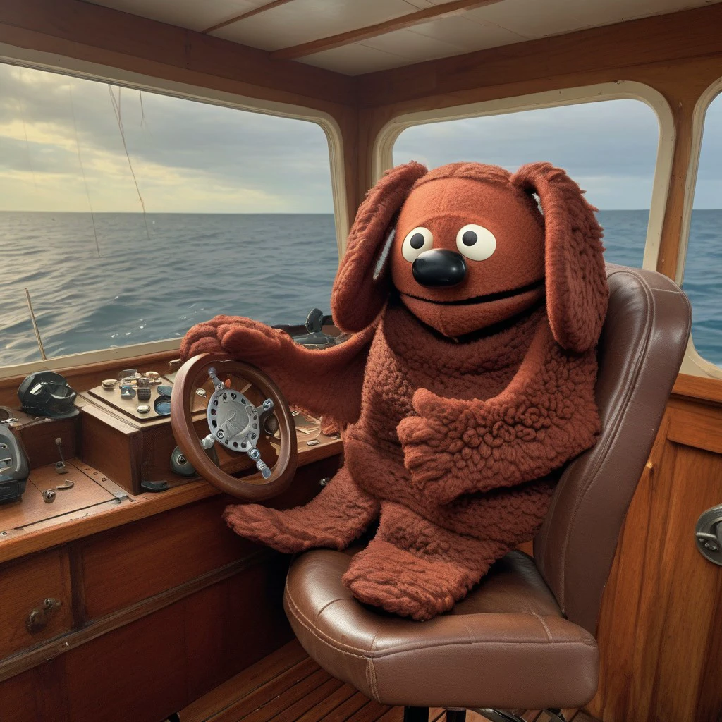 rowlf, rowlf the muppet sitting in a captains chair on the deck of a fishing boat,dressed as a sea capitan, steering a boat steering wheel, a big puppet shark chases the boat in the water while, hide speed chase, thriller, cinematic, muppet movie, front view, looking at viewer