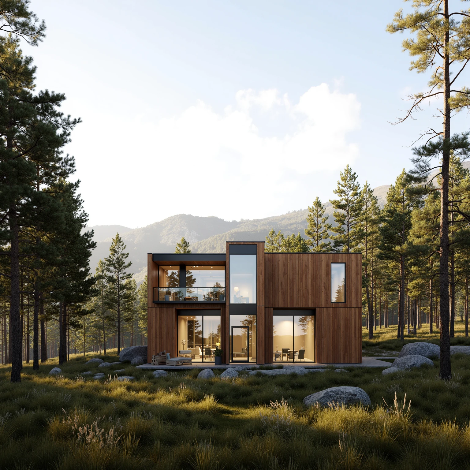 roirrros,Architectural Design,Landscape Design,no human,The image showcases a modern architectural house set amidst a serene natural landscape. The house features large glass windows and wooden panels, providing a clear view of the surrounding trees and the distant mountains. The time appears to be either early morning or late afternoon, as the sun casts a warm, golden hue over the scene. The house is surrounded by tall pine trees and grassy meadows, with a few rocks and a garden area in front. The sky is clear with a few scattered clouds, and the overall ambiance is calm and tranquil.