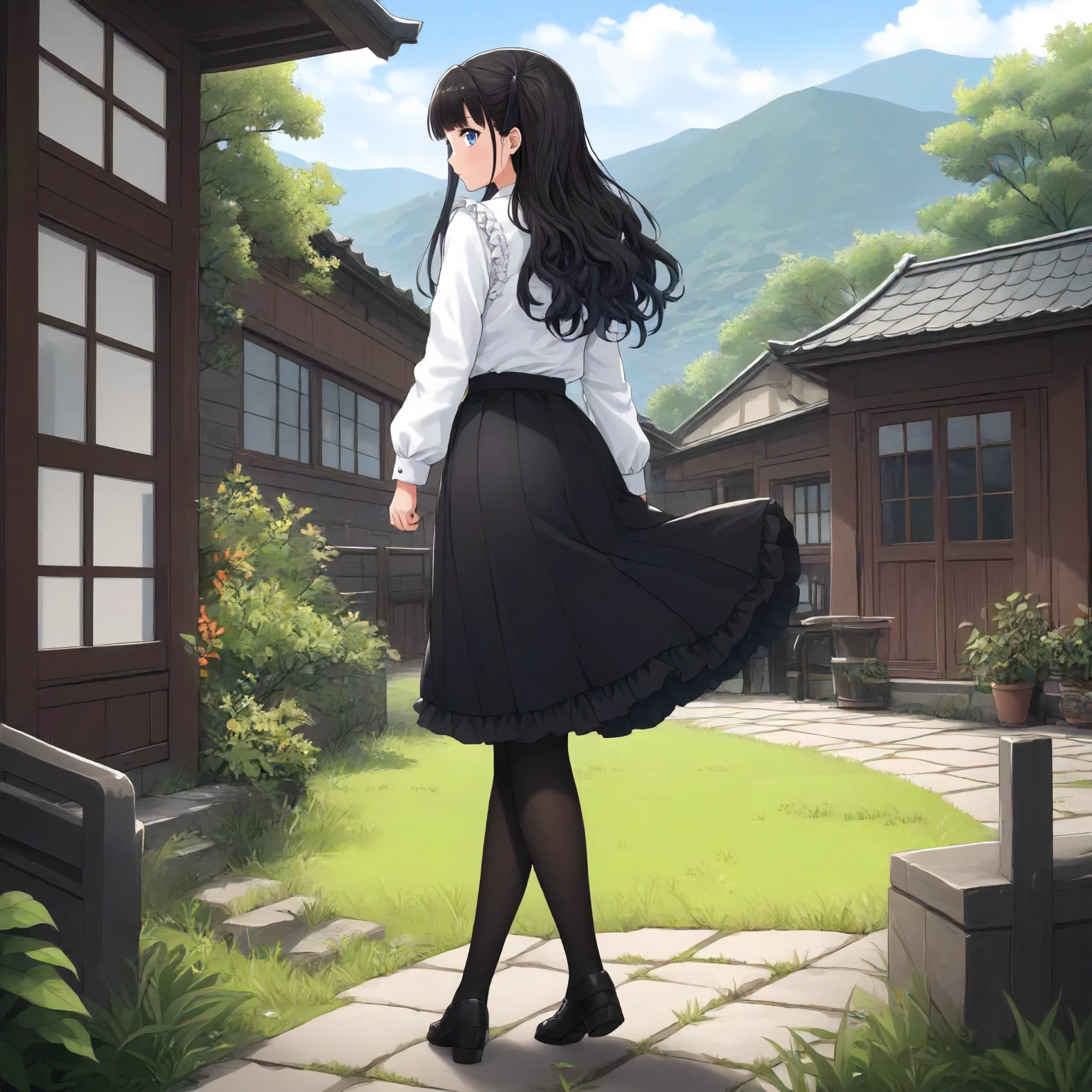 <lora:JJtYM_YusaXL001>,
outdoors,
solo,
Yusa,1girl,black hair,long hair,two -side up,blue eyes,
white shirt,frilled_shirt,
high west skirt,black skirt,
pantyhose,
full body,standing,looking back,