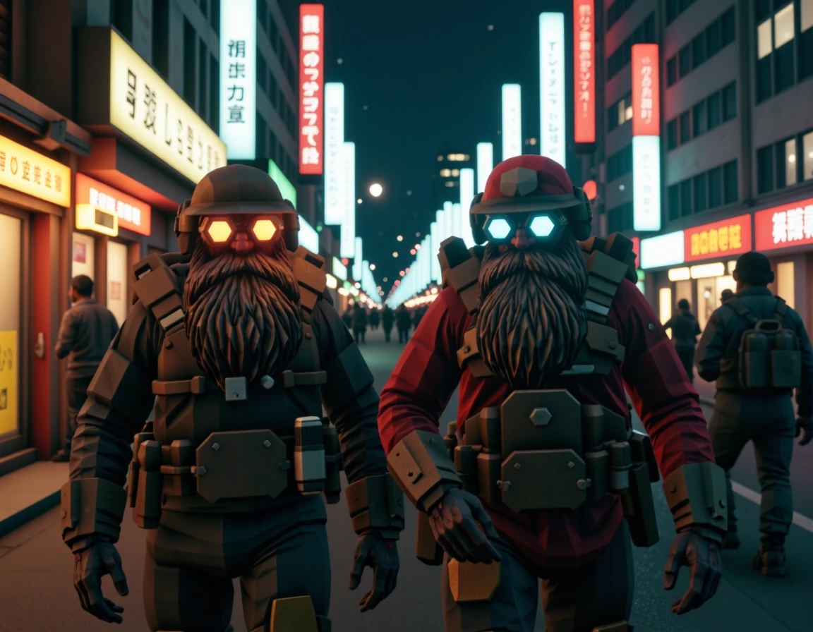 2guys, driller and scout, beard, wearing cyberpunk helmet, glowing goggles, walking on a busy city street, in neo toky, night city, dark and gritty, cinematic
 <lora:DeepRock-v3:1> deeprock