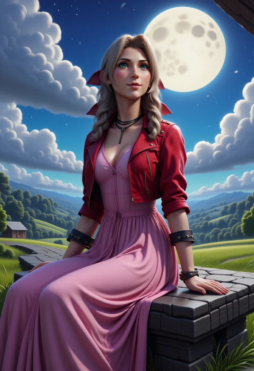 <lora:Aerith_Gainborough_on_Flux:1>  A captivating image of aer1th wearing a cropped red jacket, pink dress, and pink bow, sitting on a stone bench under a full moon, looking up to the clouds  <lora:Color_Your_World_FX:1>