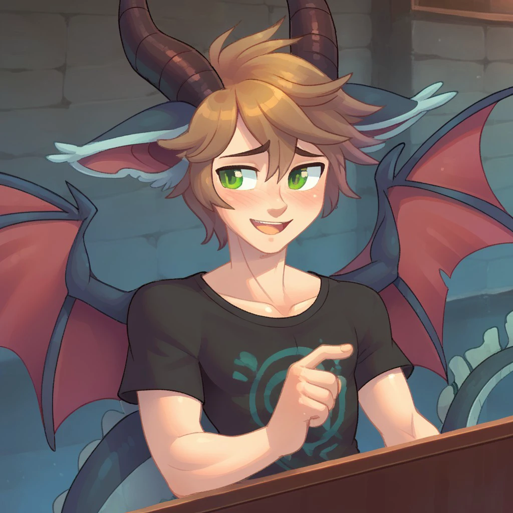 (masterpiece), best quality, expressive eyes, perfect face, black t-shirt, smile, blush, upper body, from above, score_9, score_8_up, score_7_up, score_6_up, short hair, brown hair, 1boy, sc4le, dragon horns, dragon tail, dragon wings, dragon ears, hybrid_scale, green eyes, blush, looking away, shy, open mouth, smile, nervous, index fingers together, <lora:42f8fcc2-f373-4b71-9e9a-956fb5b05a1a:1.0>, <lora:01e1becc-b0c6-45e8-8bac-5d6fc1bcbf17:0.9>