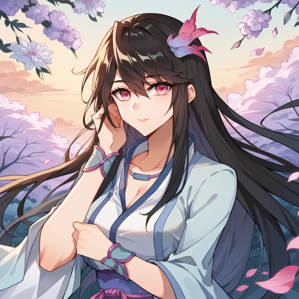 score_9_up, score_8_up, score_7_up, source_anime, masterpiece, best quality, 1girl, solo, YaoYao, Chinese garden, pink tree, petals, sunset, sky, hand in hair, hand up, flicking own hair, seductive confident smile, angled shot, from side, upper body, face focus, looking at you, black hair, hair ornament, necklace, hair flower, pink eyes, chinese clothes, white dress, light blue dress, white kimono, purple sash, single thighhigh, white thighhighs, purple skirt, pleated skirt, long sleeves, wide sleeves, bracelet, asymmetrical legwear, cleavage, mature body, dynamic cowboy shot, outdoors, sky clouds background