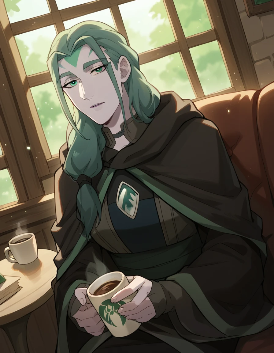 score_9, score_8_up, score_7_up, source_anime, <lora:dota-auroth-anime-ponyxl-lora-nochekaiser:1>, auroth, long hair, facial mark, green eyes, braid,, robe, cloak,, cafe, coffee cup, barista, sitting down, talking, relaxing, sunlight through window, , looking at viewer, hand resting on chin, solo,, cowboy shot, dutch angle