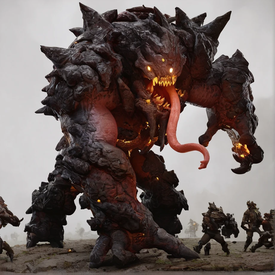 score_9, score_8_up, score_7_up, score_6_up, Behemoth, masterpiece, best quality,dynamic pose, 3d, Giant, rounded head , long tongue shooting from mouth, glowing mouth, several overlapping scale-like plates of armor, full body ,scarlet skin, mandibles on the lower jaw,   mouth closed, all fours,  hind legs, sharp teeth, thick hide covered in spikes and barbs, glowing body, glowing eyes, cloud,colorful , monster,<lora:Evolve_Behemoth:0.8>