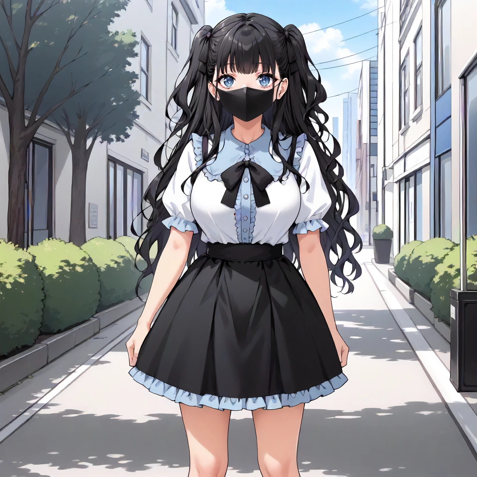 <lora:JJtYM_YusaXLpony002>,
outdoors,
solo,
Yusa,1girl,black hair,long hair,two -side up,blue eyes,
black mask,
white shirt,frilled_shirt,
high west skirt,black skirt,
standing,