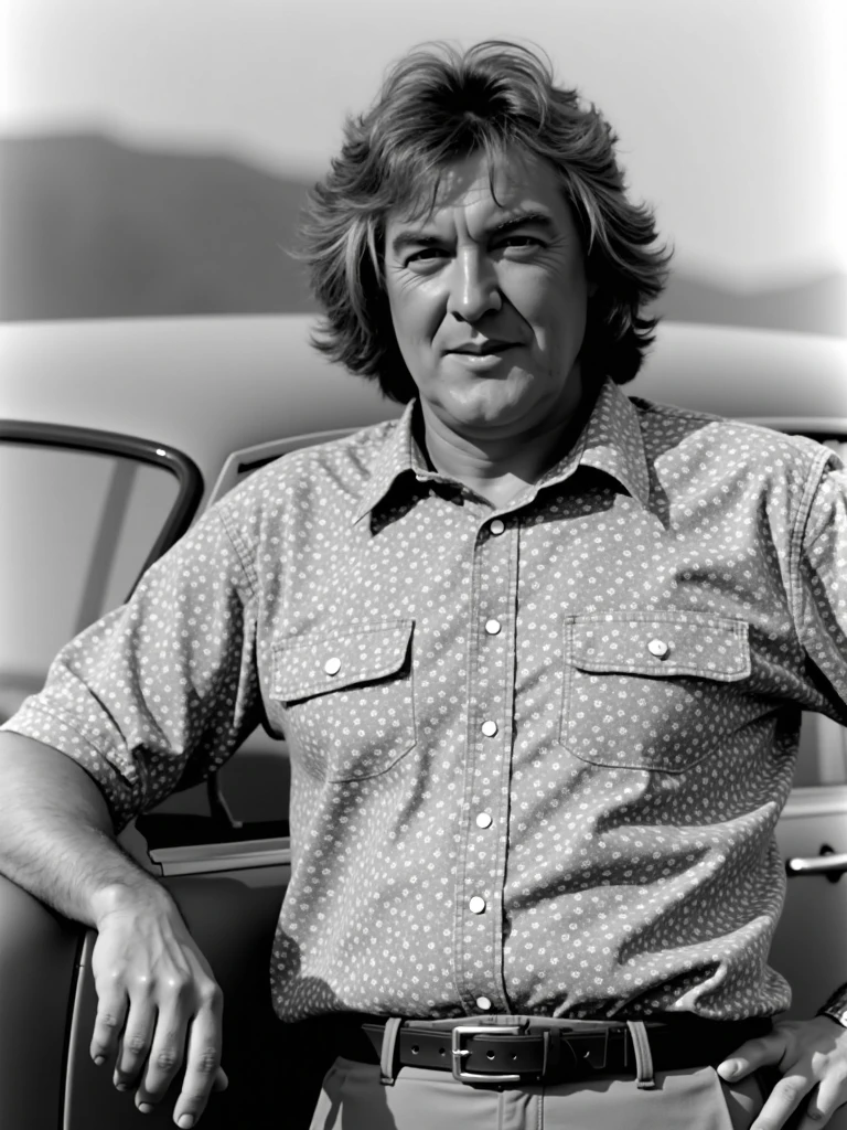 jamesmay, posing next to a car,