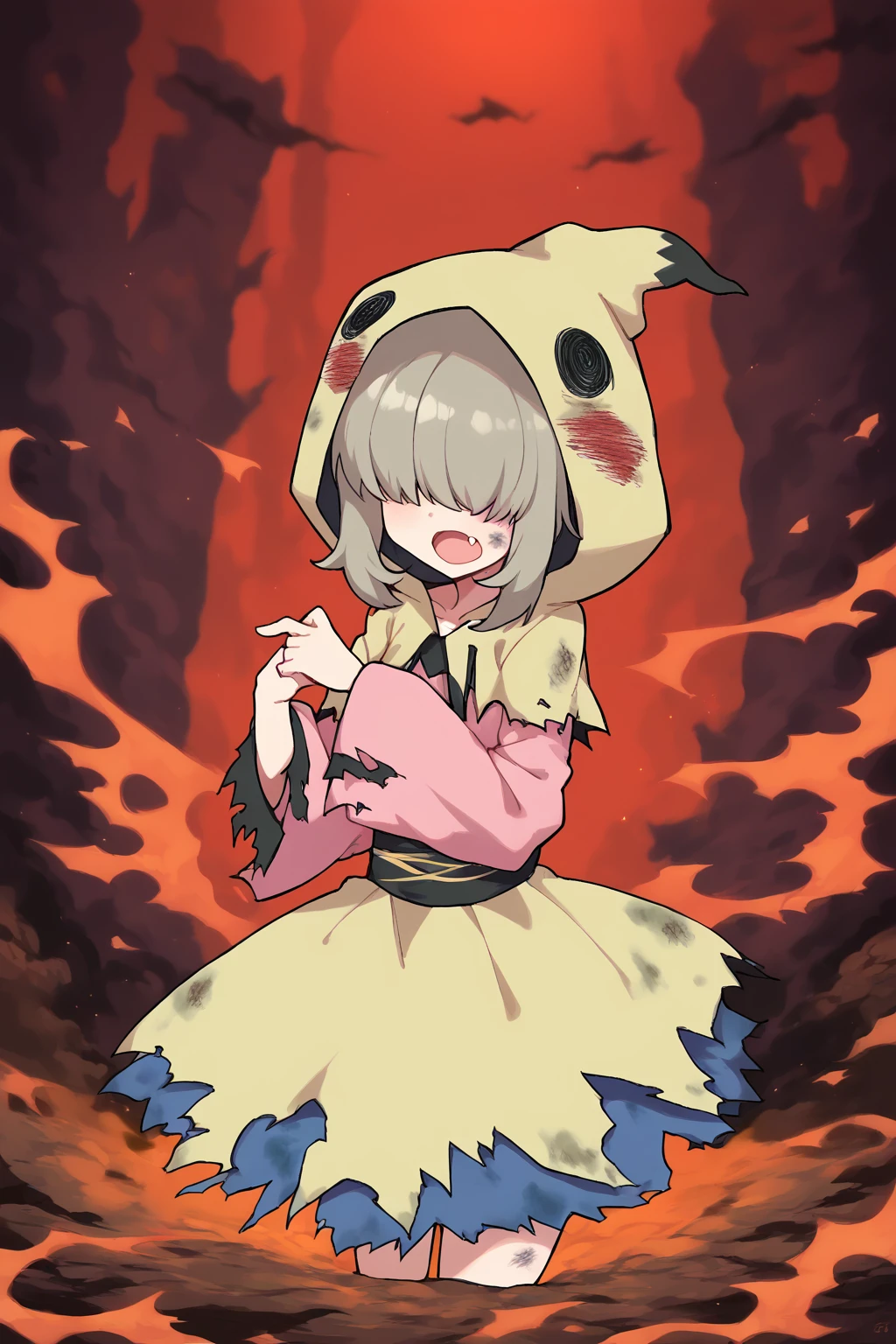 score_9, score_8_up, score_7_up, score_6_up, score_5_up, score_4_up, masterpiece, high quality, BREAK, full body, BREAK, 1girl,   <lora:MimikyuFit:1> MimikyuFit, mimikyu, pokemon, outfit, hood, pale yellow outfit, ripped clothes, broken clothes, dirty clothes,  <lora:Hoseki_UzakiChan_YanagiUzaki_PDXL_v1:0.9> ynguzk, fang, covered eyes, short hair with long locks, pink shirt, long sleeves, blue shorts