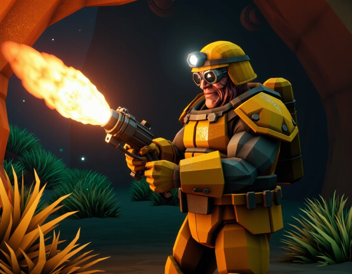 cinematic photo of dr_driller, with clean shave, hairless chin,  wearing yellow helmet with goggles and headlamp, wearing yellow armor, holding a BIG flame thrower, in a dark cave with strange bio-luminescent plants 
 <lora:DeepRock-v3-000014:0.9> deeprock