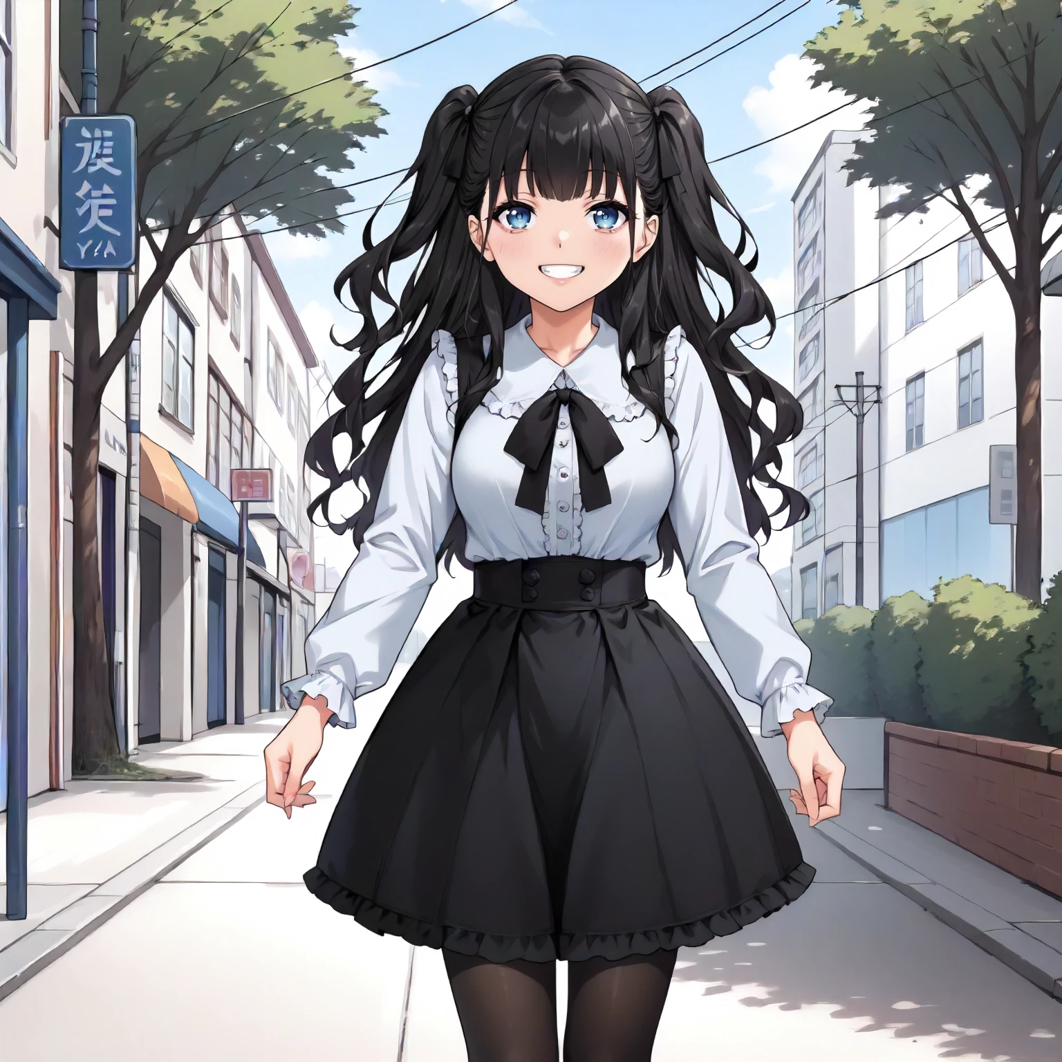 <lora:JJtYM_YusaXLpony002>,
outdoors,
grin,
solo,
Yusa,1girl,black hair,long hair,two -side up,blue eyes,
white shirt,frilled_shirt,long_sleeves,
high west skirt,black skirt,
pantyhose,
standing,