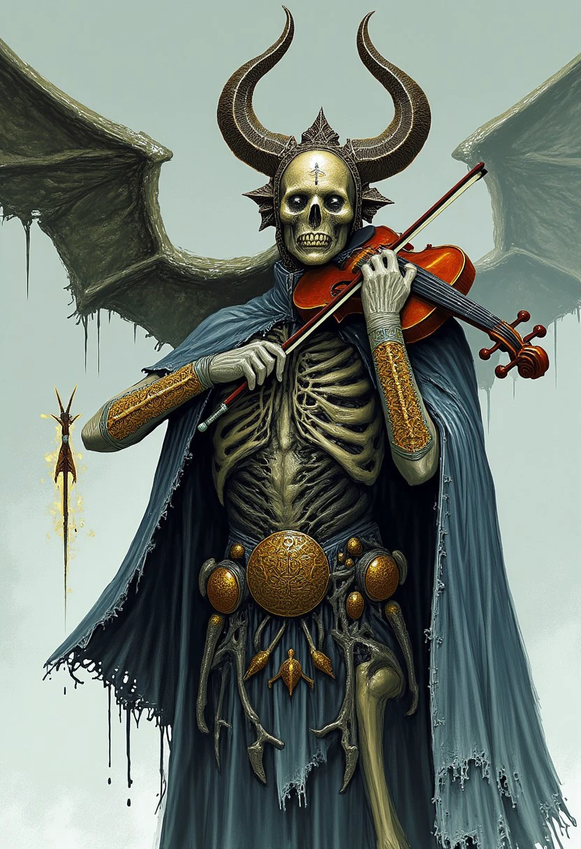 MikeFranchinastyle, stitches, vambraces, violin, cape, male focus, skull, facial hair, holding instrument, horns, glowing, bug, liquid, grey sky, ribs, feathered wings, dripping, artist name