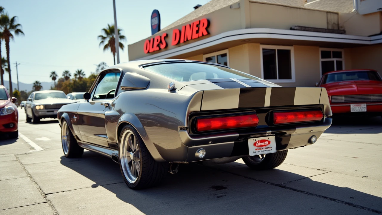 a Photo of a grey metallic 1967 shelby gt500,numberplate says <eleanor>,beautiful rims,at a 1950 era diner,dramatic camera angle,Los Angeles,sunny,analog style, <lora:eleanor:1>