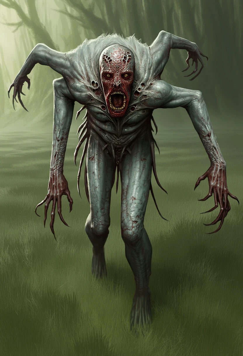 MikeFranchinastyle, monster, sharp teeth, no humans, guro, blood, horror (theme), tree, photoshop (medium), corpse, grass, realistic, running