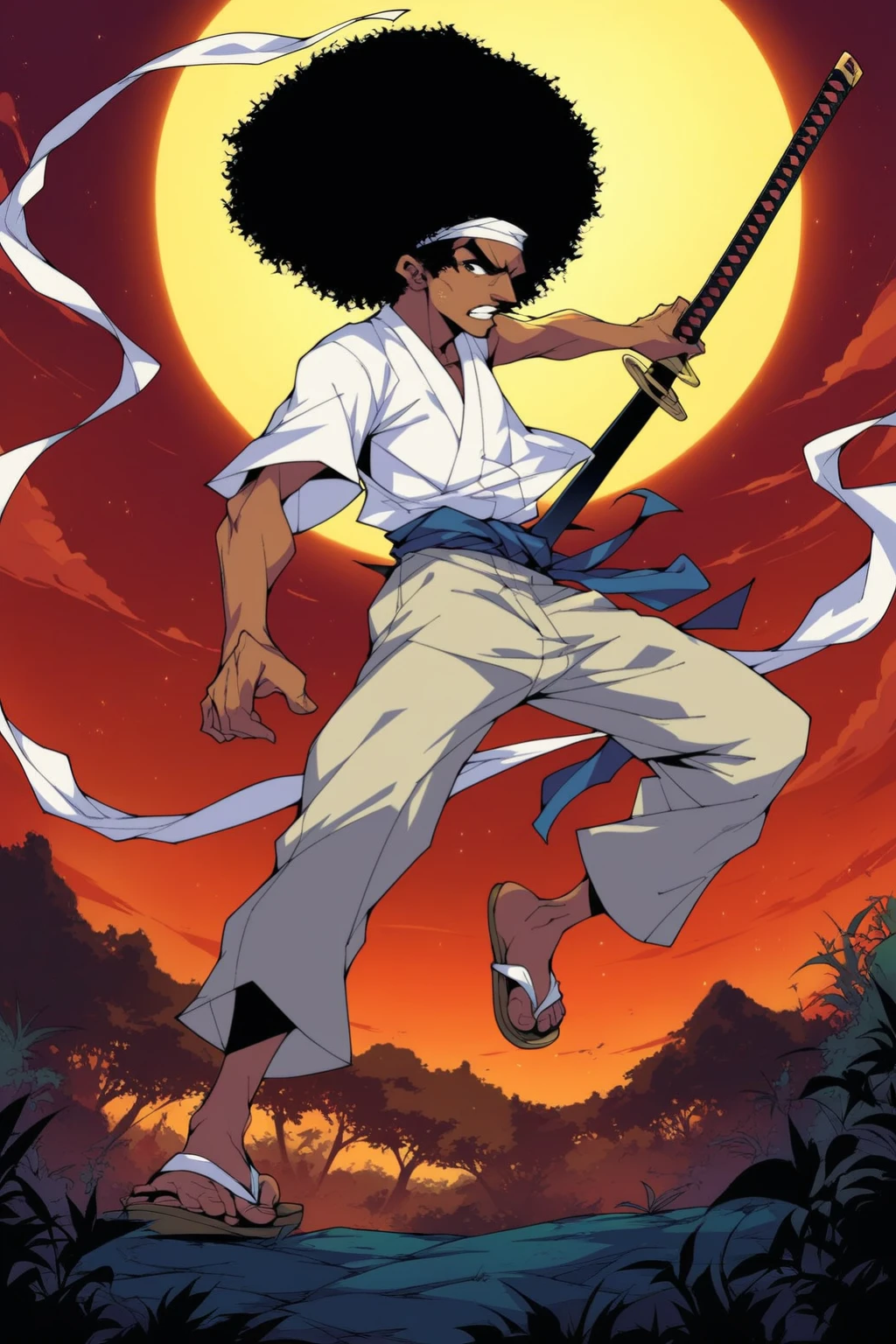 score_9, score_8_up, score_7_up, score_6_up, score_5_up, score_4_up, masterpiece, high quality, BREAK, full body, BREAK, 1boy, <lora:Afro_Samarai:0.9> AfroSamarai, black hair, afro, katana, tanned skin, wood sandals,