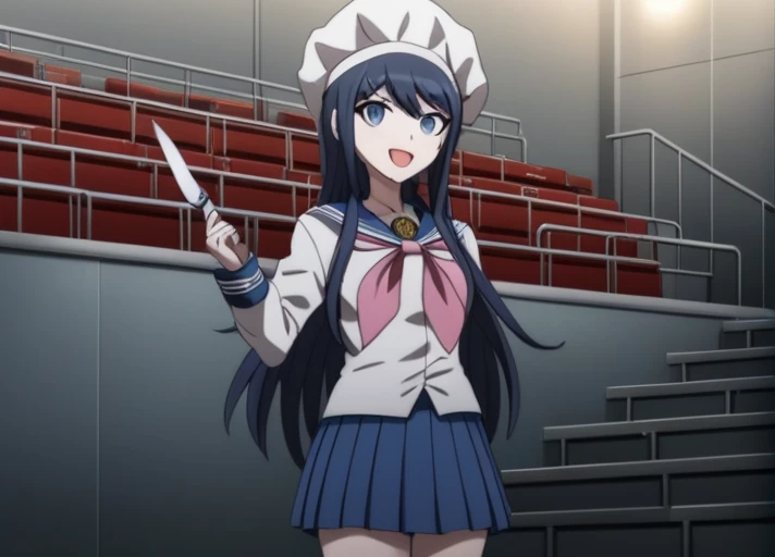 <lora:Sayaka_Maizono_SDXL:1>,solo,  This anime screencap is from Danganronpa the Animation. Sayaka Maizono wearing her uniform from Danganronpa 1, and she is standing in the middle of the frame. Sayaka has a blue skirt and her legwear consists of navy thigh-high socks, the edges striped with a white line, and dark brown Mary Janes with silver buckles. Her school crest is printed in gold on her collar flap and her left sleeve.She is looking to the right side of the frame. She's holding a plate of spaghetti and meatballs that has a knife sticking up in the middle and has a big white chef's hat on, a toque blanche. Her expression is gleeful and she seems proud of her meal. She's standing in an auditorium that has metal bleachers. The walls are gray and the bleachers are a dark blue. The image is a screencap from the anime Danganronpa: The Animation. The lighting is bright with the sun shining down from a window. Sayaka's full body is in the frame.