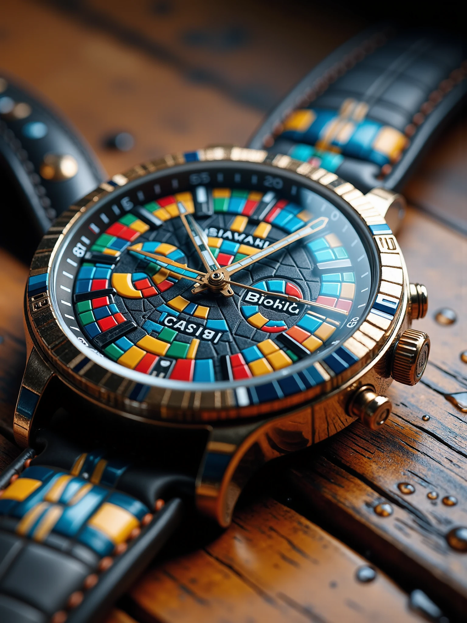 close-up of a mad-clrflchckr watch with leather wristband lying on a wooden table and covered with water droplets, spotlight, reflection <lora:colorful-checker-flux:1.0>