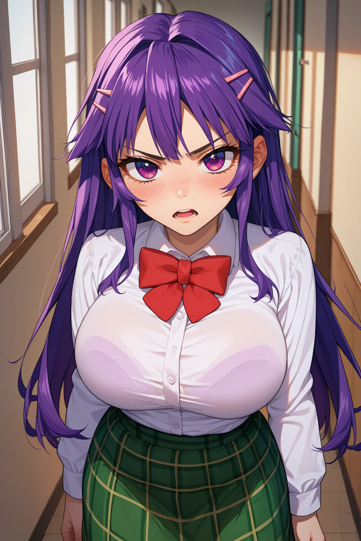 score_9, score_8_up, score_7_up, score_6_up, source_anime, 1girl, solo, <lora:shiinachizuru-pdxl-nvwls-v1-000005:1> schzru, purple hair, long hair, purple eyes, hairclip, large breasts, white shirt, collared shirt, red bow, bowtie, green skirt, plaid skirt, looking at you, hallway, looking at you, annoyed, open mouth, blush