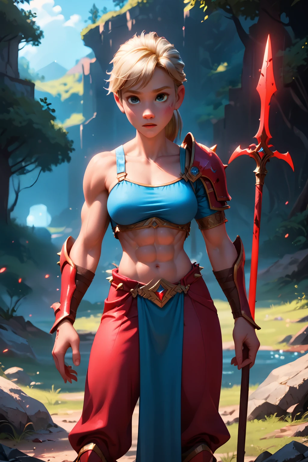 4n1v3rs3,score_9, score_8_up, score_7_up,break,(Riley_Andersen, woman ,large breasts, single, blond hair, blue eyes, ponytail), body developed, break, , holds an oversized magic spear with a long stylized red blade, blood splattered and dripping, spiked video game armor, long wild silver hair, glowing red eyes, slender slender in lean toned form, very muscular. Break In the background is a battlefield with tanks