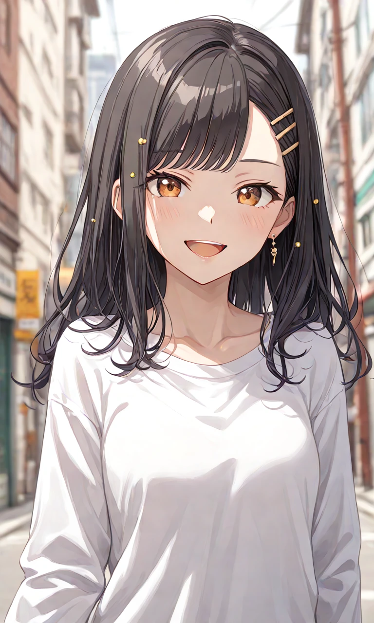 highres, best quality, masterpiece, 1girl, solo, shiraishi_an, blush, smile, open mouth, shirt, hair ornament, long sleeves, brown eyes, jewelry, collarbone, white shirt, upper body, :d, earrings, outdoors, teeth, day, hairclip, indoors, blurry, orange eyes, depth of field, blurry background, upper teeth only, hand on own chest, building