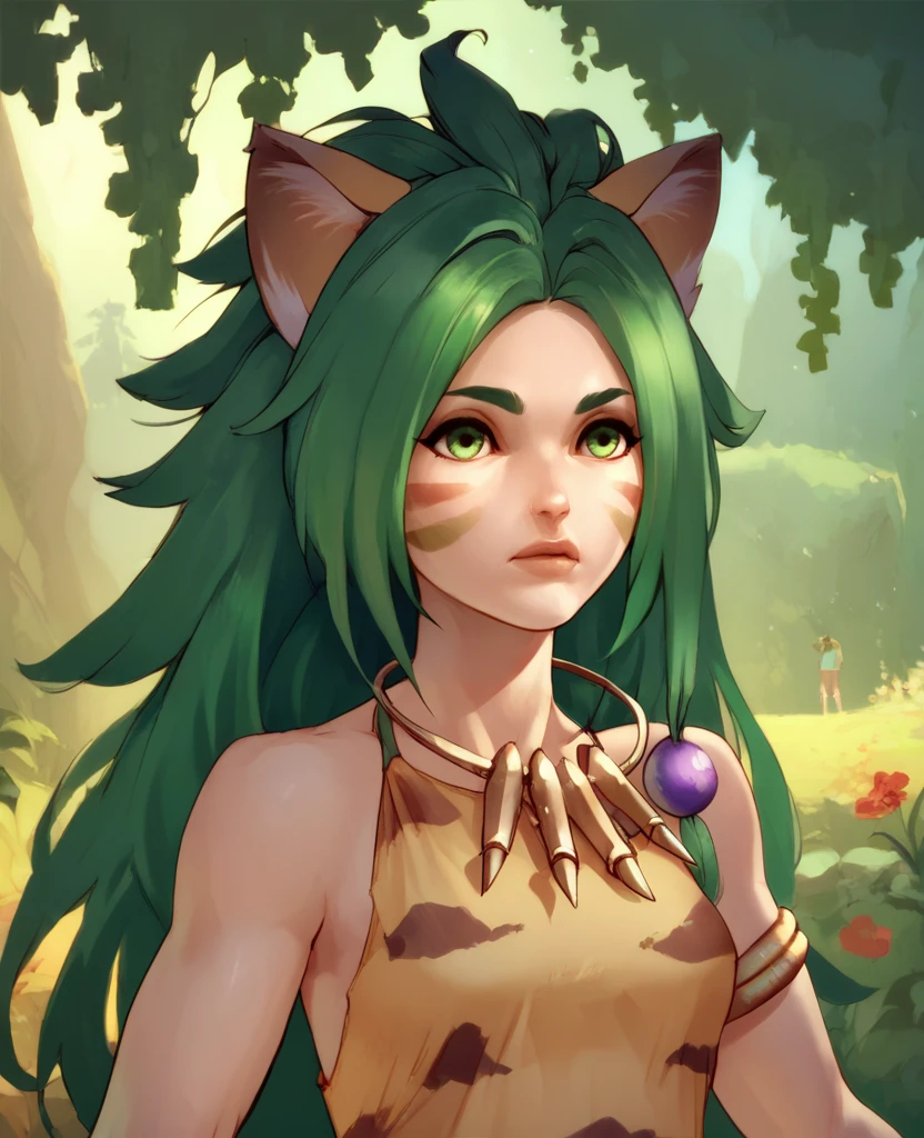 score_9,score_8_up,score_7_up,score_6_up,
cchamxl,green eyes,green hair,long hair,facial mark,animal ears,hair bead,
animal print dress,necklace, animal gloves,
standing,
camp,night,<lora:ChamChamXL:1>,