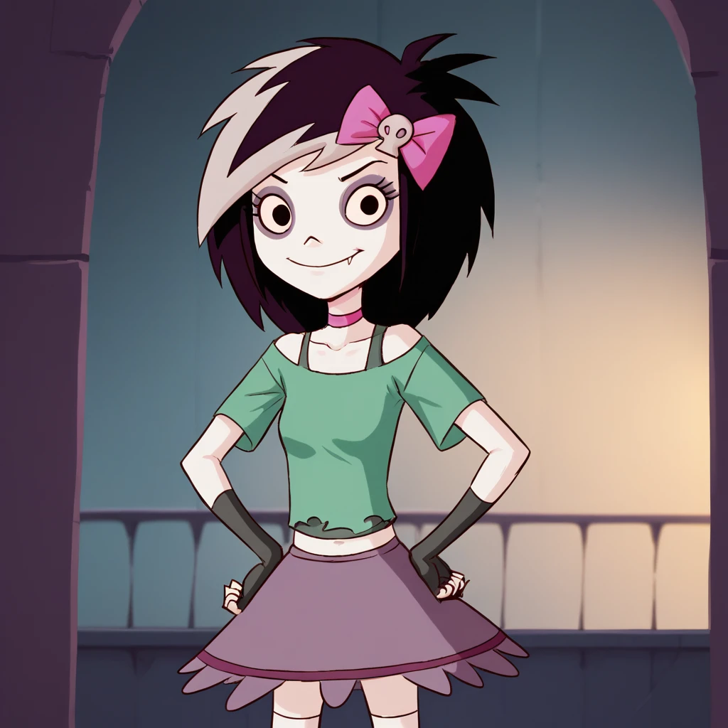 score_8_up, BREAK, Batoria, 1girl, solo, multicolored hair, black hair, black eyes, hair bow, pink choker, green shirt,  fingerless gloves, skirt, cowboy shot, <lora:Batoria_SFLV_PXL_Leaf1:1>, looking at viewer, hands on own hips,