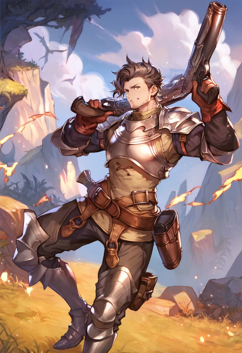 score_9, score_8_up, score_7_up, source_anime, 1boy, solo, male focus, rackam, armor, gun, holding gun,