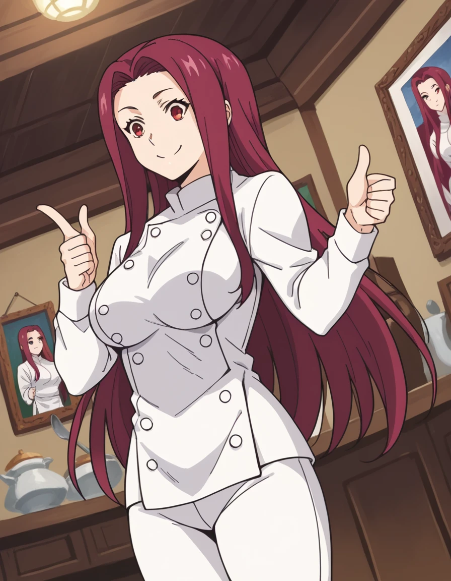 score_9, score_8_up, score_7_up, source_anime, <lora:ryouko-sakaki-s1-ponyxl-lora-nochekaiser:1>, ryouko sakaki,  long hair, red eyes, red hair, forehead, large breasts,, chef, pants, white pants,, museum, art exhibit, paintings, observing, quiet contemplation, cultural experience, smile, , hand showing a thumbs up, solo,, cowboy shot, dutch angle