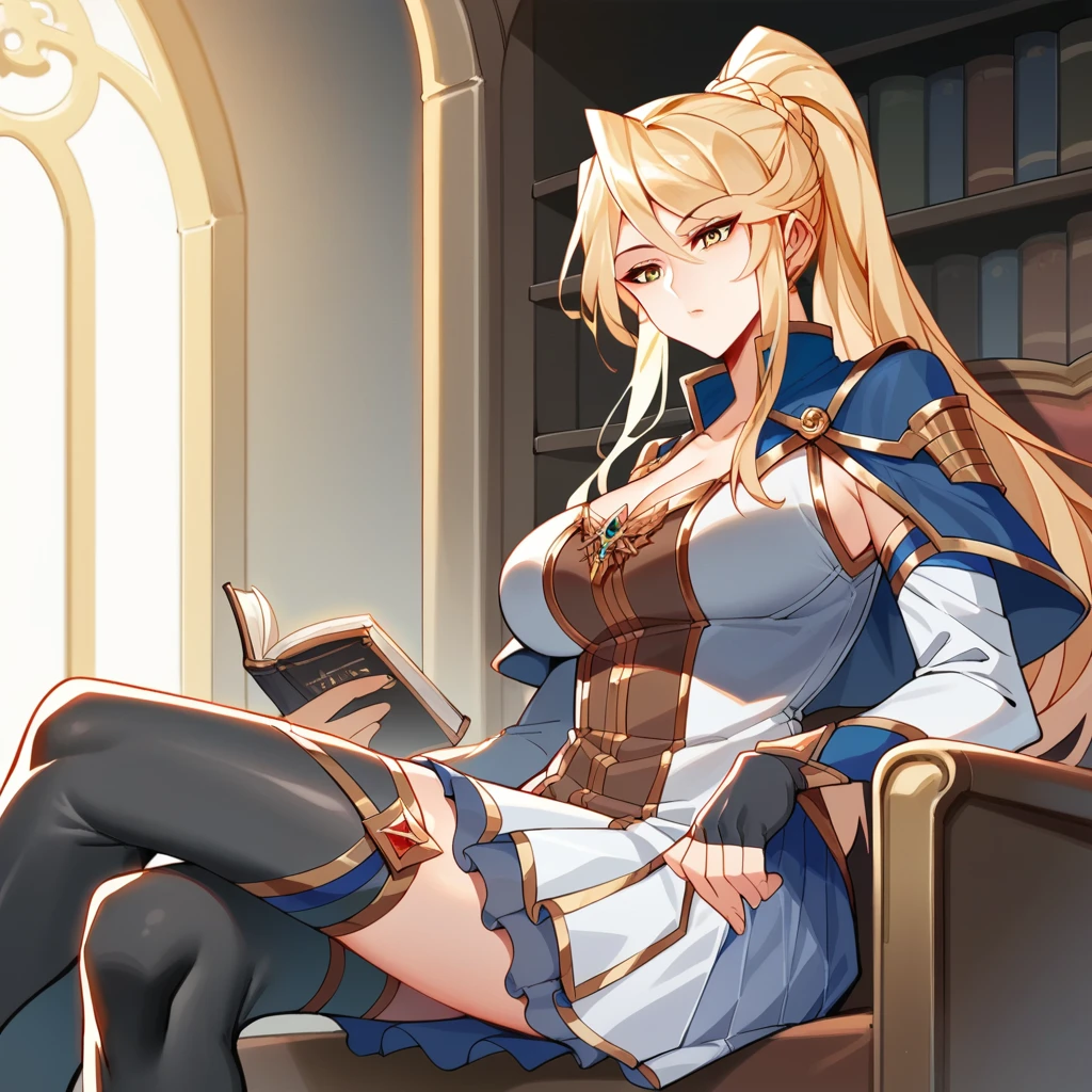 score_9_up, score_8_up, score_7_up, source_anime, masterpiece, best quality, 1girl, solo, Jiang, Jia_Def, castle interior, library, bookshelves, sun light, sitting on couch, thigh boots, black footwear, crossed legs, reading book, holding book, head rest, from side, from below, foreshortening, looking down at boy, bored, blonde hair, high ponytail, yellow eyes, long hair, braid, blue capelet, two-tone dress, white dress, pleated skirt, white skirt, blue skirt, face focus, detached sleeves, white sleeves, black gloves, fingerless gloves, cleavage, collarbone, brown dress, mature body, dynamic cowboy shot, indoors, castle interior background