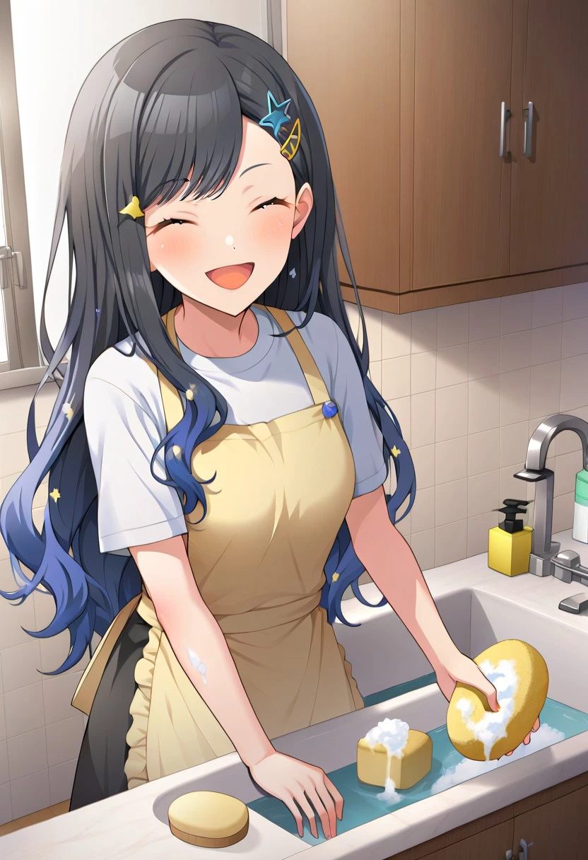 highres, best quality, masterpiece, shiraishi_an, smile, open mouth, shirt, hair ornament, closed eyes, white shirt, short sleeves, hairclip, indoors, star (symbol), apron, star hair ornament, kitchen, soap bubbles, sink, sponge