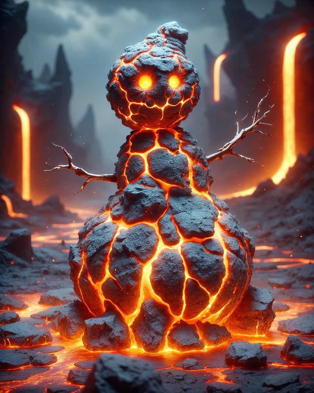 llava_style, 
A snowman made entirely of molten lava and lava rocks, with glowing lava seeping through cracks and fissures, set in a fiery lava world. The landscape is dominated by rivers of flowing lava, fiery geysers, and volcanic formations. The snowman’s molten form contrasts dramatically with the surrounding fiery environment, creating a surreal and intense visual effect. The lava glows brightly through the cracks in the snowman, adding to the fiery atmosphere of the world, realistic, 8k quality